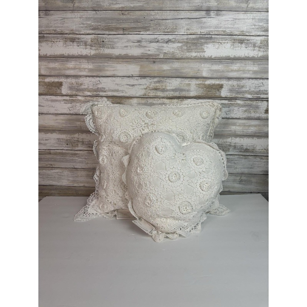 Keeco Vintage Cottagecore Crochet Lace Pillow Set Heart & Square Boho Chic 1995